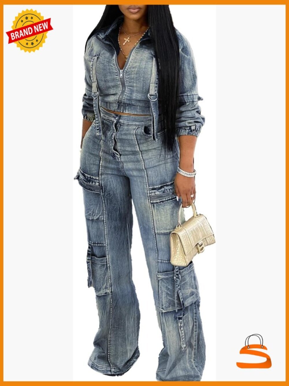 Two Piece Denim Outfit Long Sleeve Cropped Jacket Cargo Pants Y2K Tracksuit Set